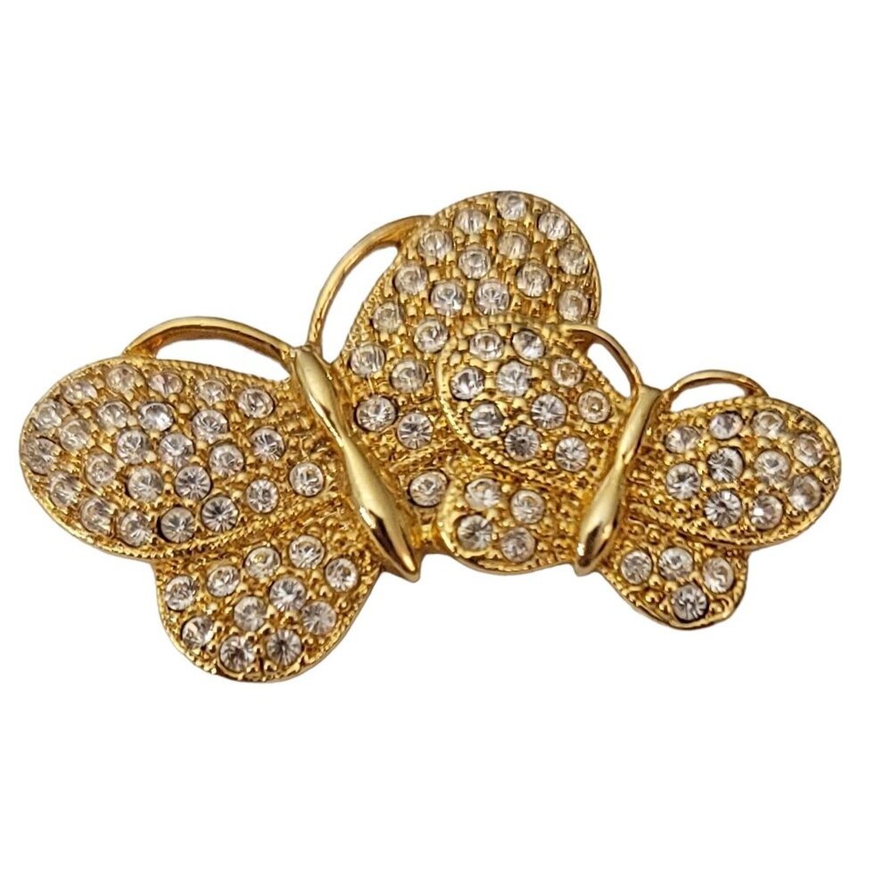 Napier Gold-Tone Clear Rhinestone Twin Butterflies Brooch, Signed
